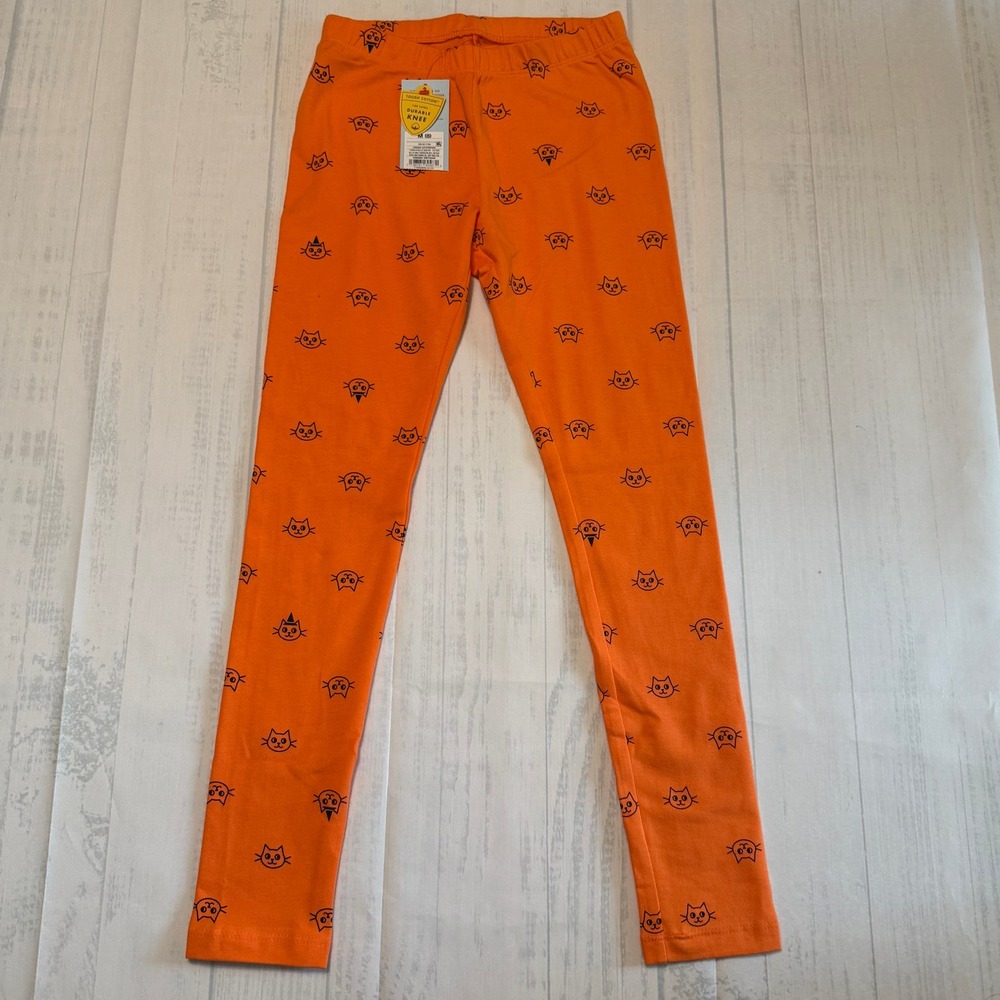 Cat & Jack Girls Orange Halloween Cat Print Durable Knee Leggings Size M 8 NWT